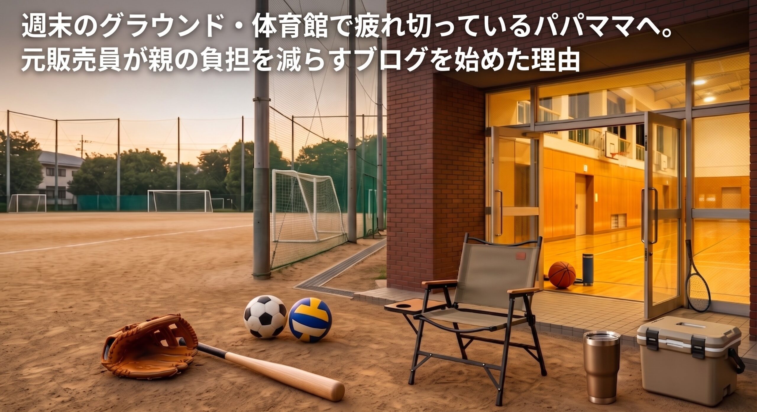 子供のスポーツ遠征や付き添いの悩みを減らすブログのアイキャッチ。夕方のグラウンドとアウトドア用品の写真。